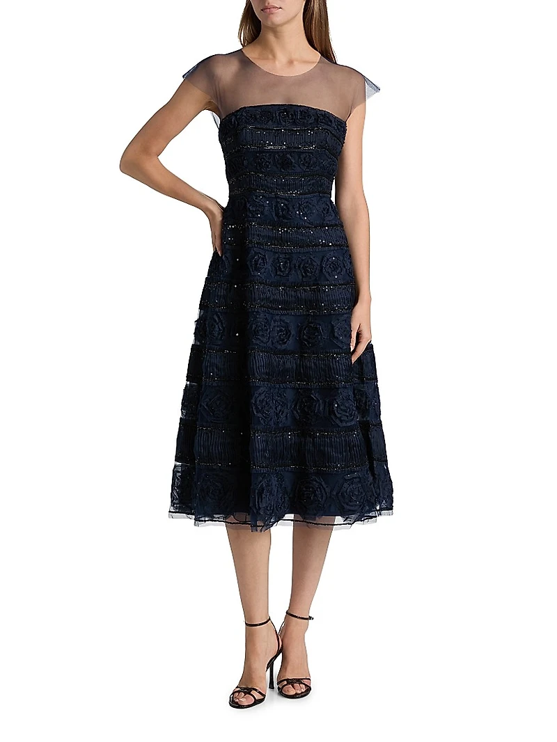 Embellished Tulle Cap-Sleeve Midi-Dress