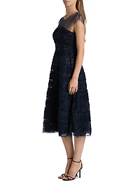 Embellished Tulle Cap-Sleeve Midi-Dress