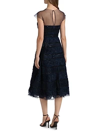 Embellished Tulle Cap-Sleeve Midi-Dress