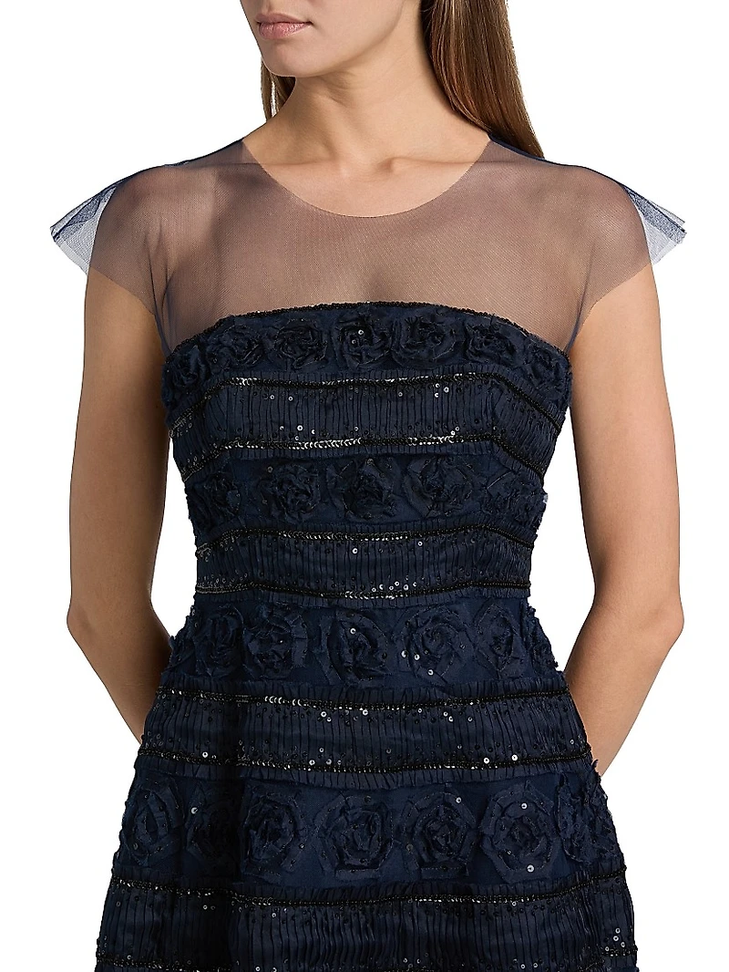 Embellished Tulle Cap-Sleeve Midi-Dress