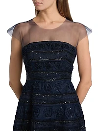 Embellished Tulle Cap-Sleeve Midi-Dress