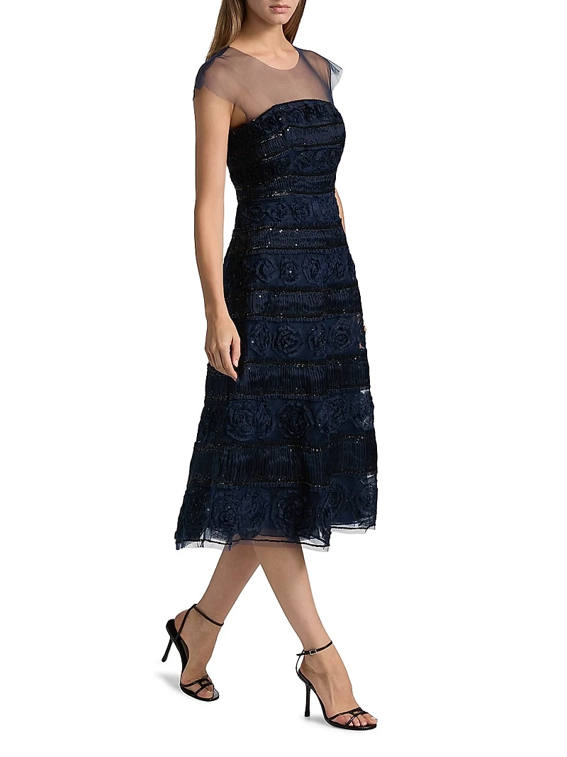 Embellished Tulle Cap-Sleeve Midi-Dress