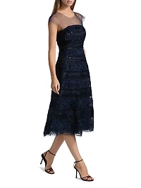 Embellished Tulle Cap-Sleeve Midi-Dress