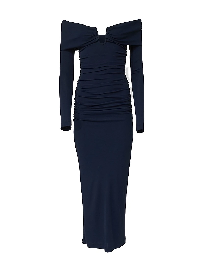 Ruched Off-The-Shoulder Midi-Dress