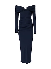 Ruched Off-The-Shoulder Midi-Dress