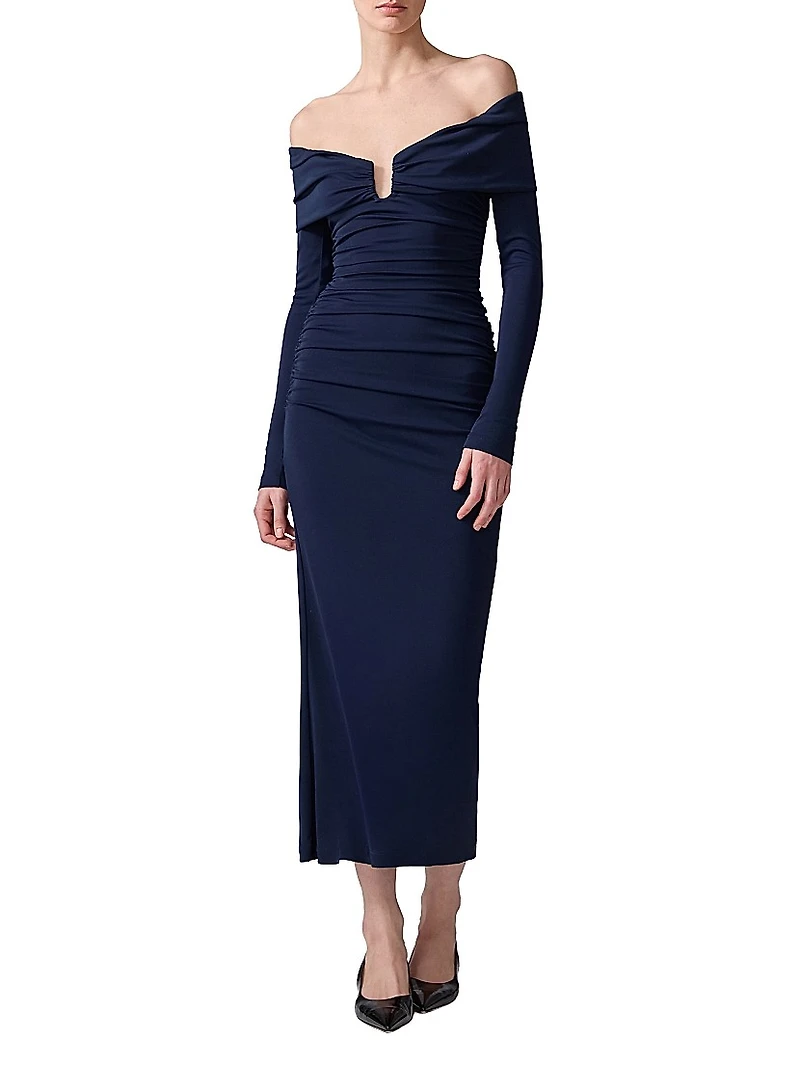 Ruched Off-The-Shoulder Midi-Dress