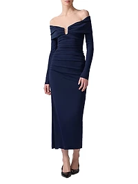 Ruched Off-The-Shoulder Midi-Dress
