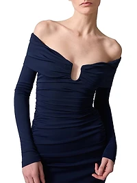 Ruched Off-The-Shoulder Midi-Dress