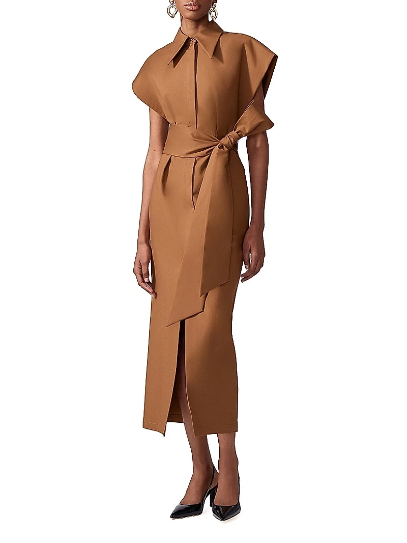 Stretch-Cotton Self-Sash Midi-Shirtdress