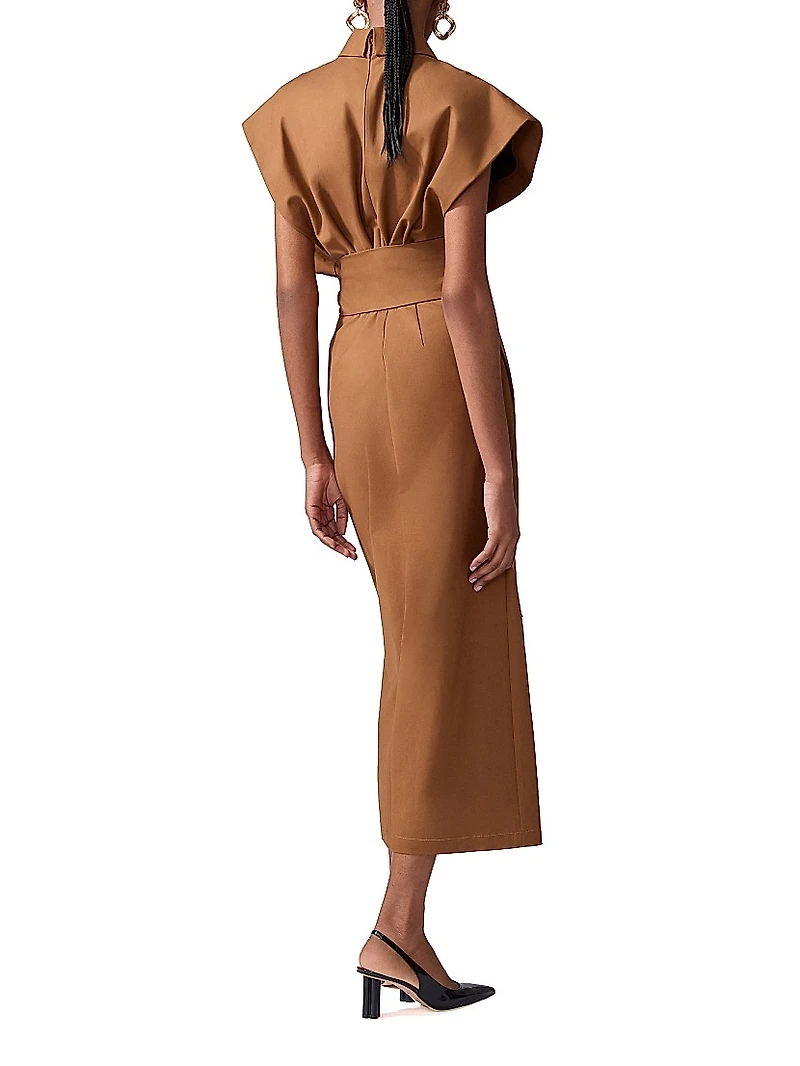 Stretch-Cotton Self-Sash Midi-Shirtdress