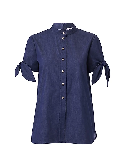 Cotton-Blend Tie-Sleeve Blouse