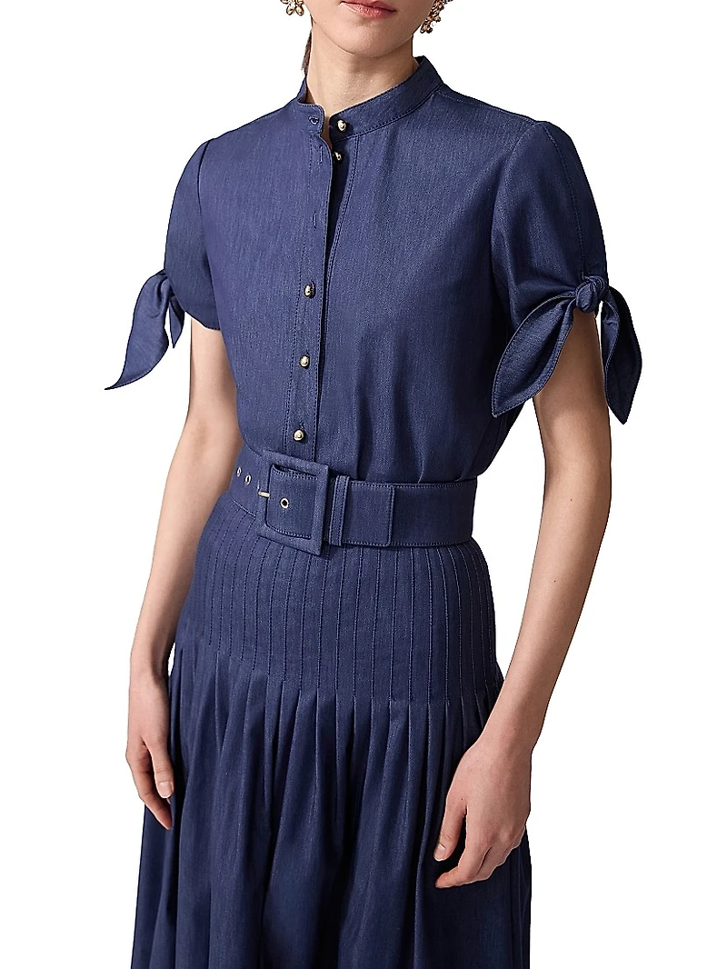 Cotton-Blend Tie-Sleeve Blouse