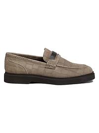 Crocodile-Embossed Suede Penny Loafers