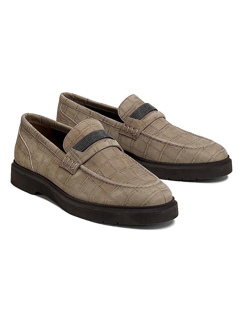 Crocodile-Embossed Suede Penny Loafers