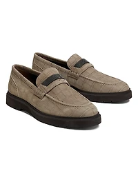 Crocodile-Embossed Suede Penny Loafers