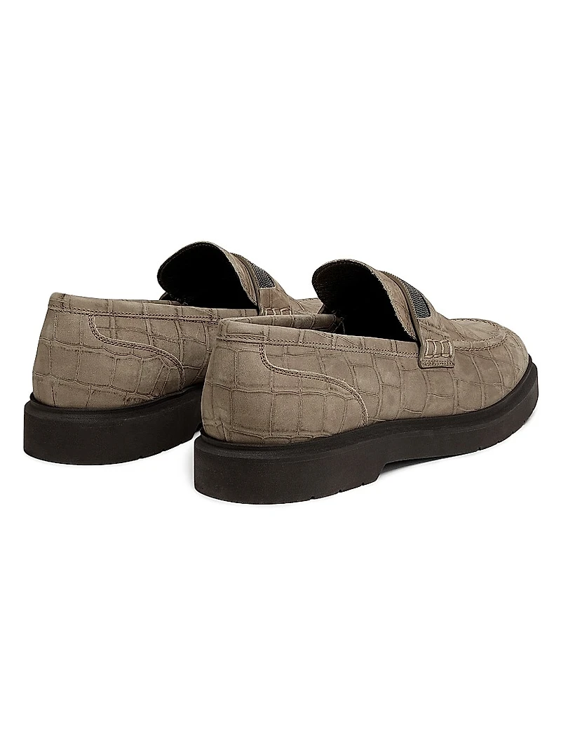 Crocodile-Embossed Suede Penny Loafers