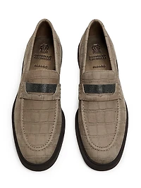 Crocodile-Embossed Suede Penny Loafers