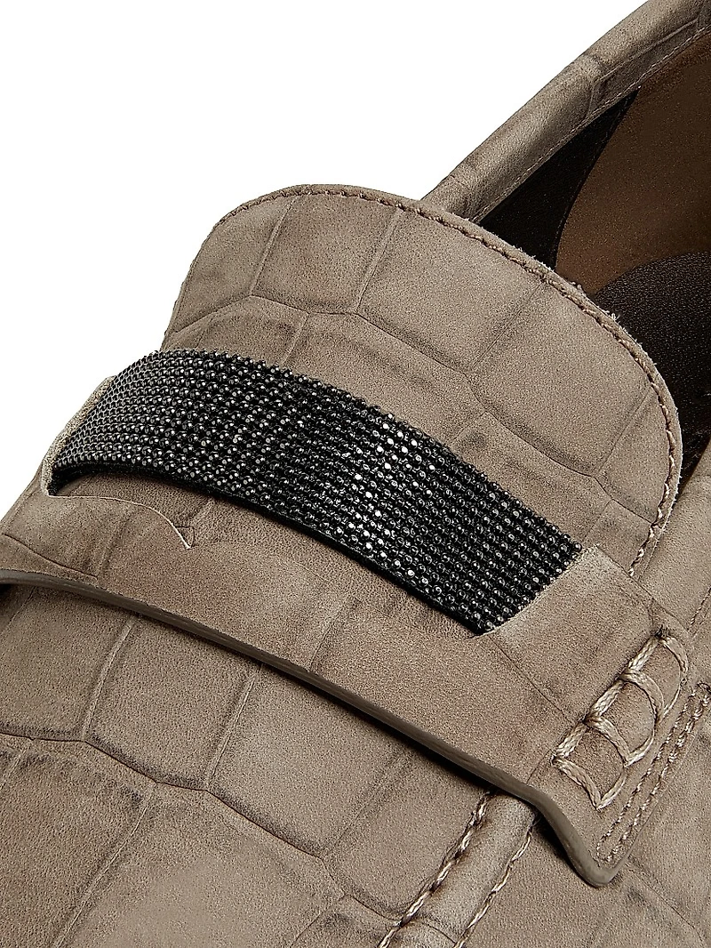 Crocodile-Embossed Suede Penny Loafers