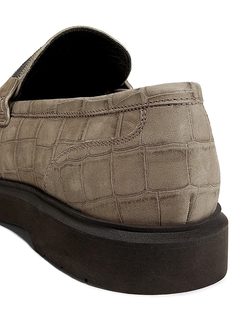 Crocodile-Embossed Suede Penny Loafers
