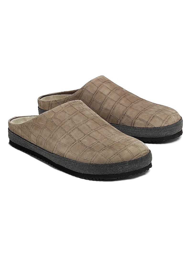 Crocodile-Embossed Suede Slippers