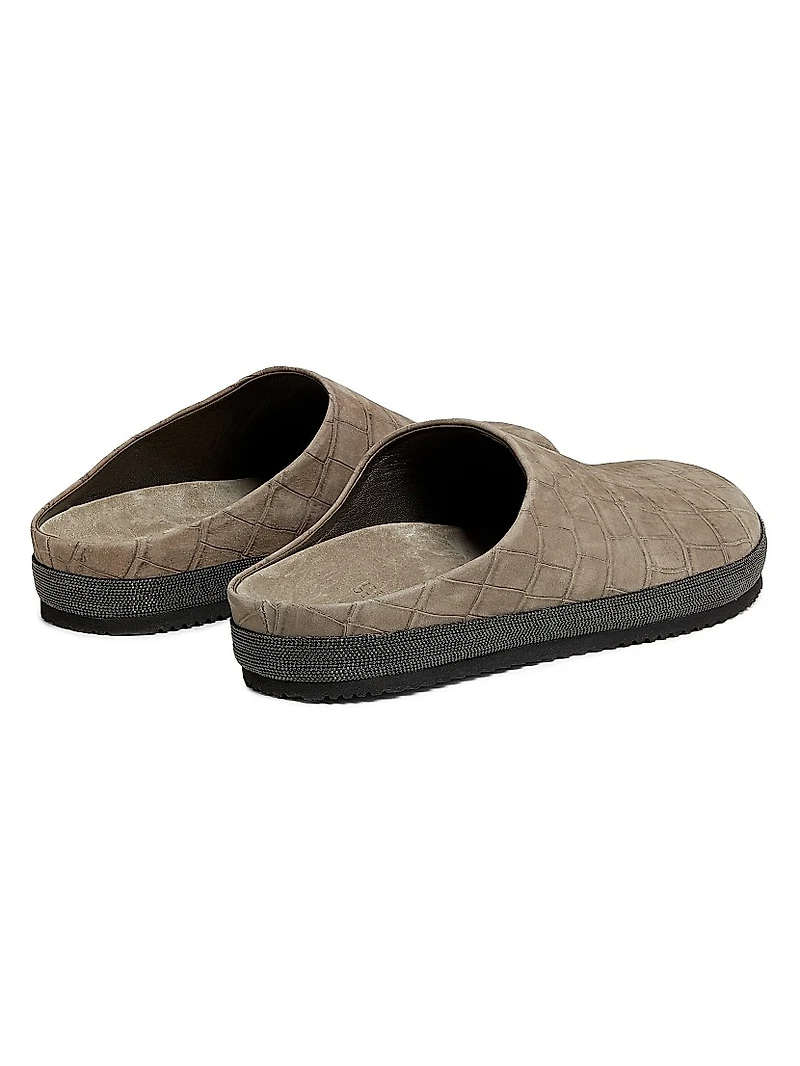 Crocodile-Embossed Suede Slippers