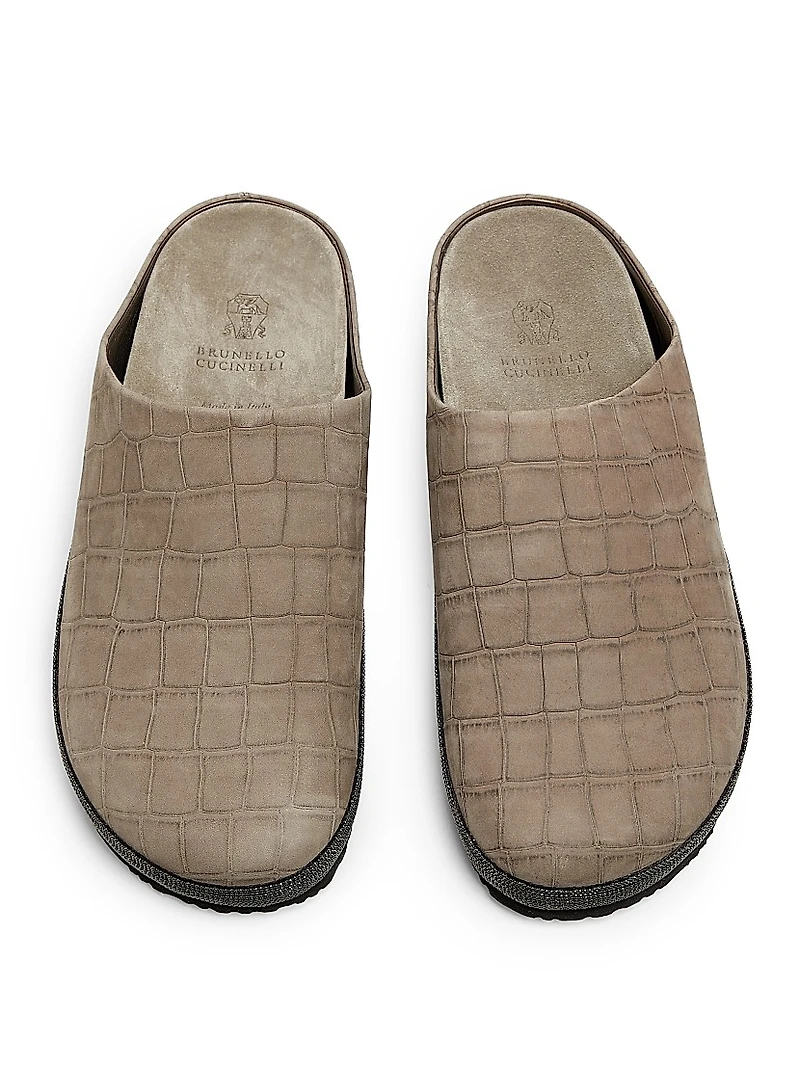 Crocodile-Embossed Suede Slippers
