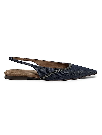 No Fade Monili-Trimmed Denim Slingback Flats