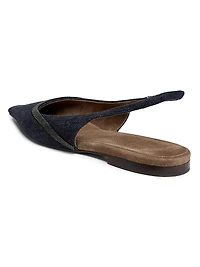No Fade Monili-Trimmed Denim Slingback Flats