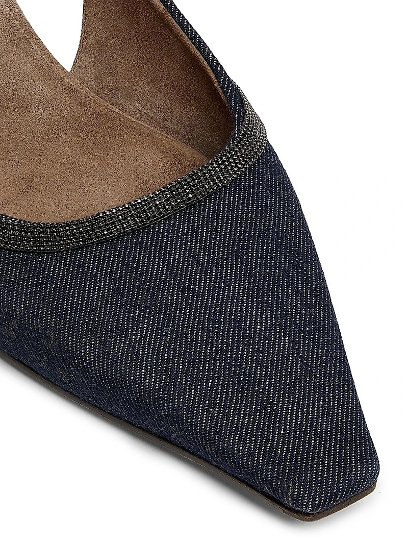 No Fade Monili-Trimmed Denim Slingback Flats
