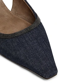 No Fade Monili-Trimmed Denim Slingback Flats