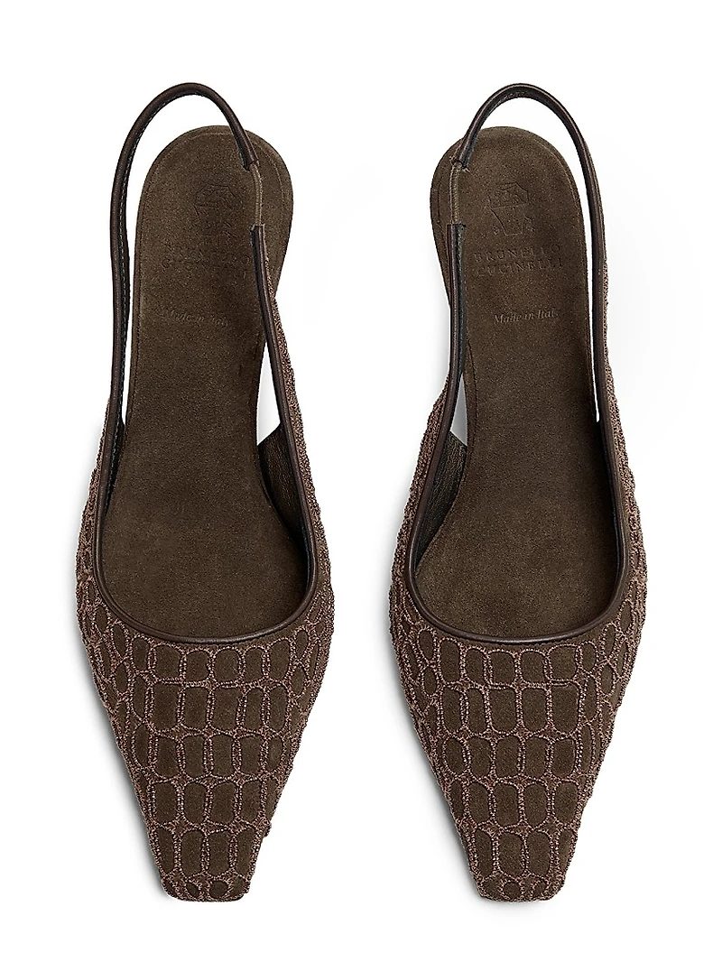 Monili-Embroidered Suede Slingback Pumps