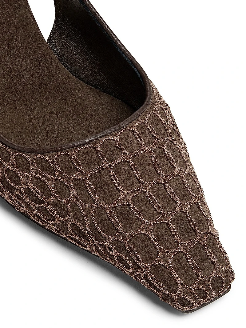 Monili-Embroidered Suede Slingback Pumps