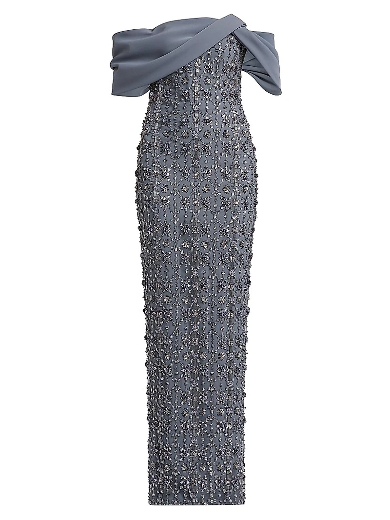 Crystal-Embellished Tulle Off-The-Shoulder Gown