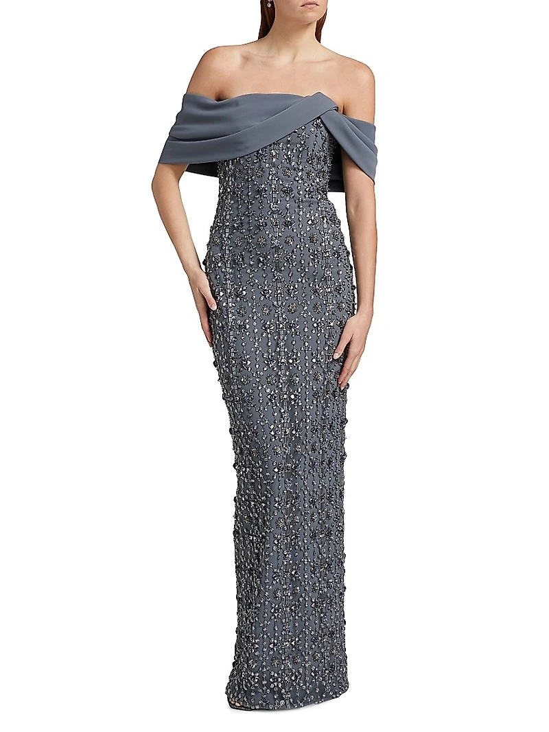 Crystal-Embellished Tulle Off-The-Shoulder Gown