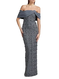 Crystal-Embellished Tulle Off-The-Shoulder Gown