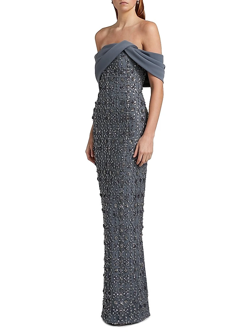 Crystal-Embellished Tulle Off-The-Shoulder Gown