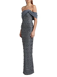 Crystal-Embellished Tulle Off-The-Shoulder Gown