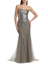Embellished Tulle Strapless Gown
