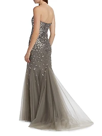 Embellished Tulle Strapless Gown