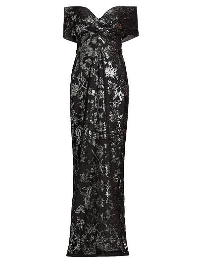 Sequin Tulle Off-The-Shoulder Gown