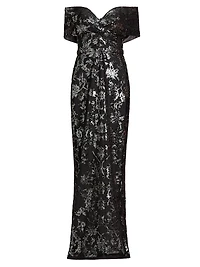 Sequin Tulle Off-The-Shoulder Gown