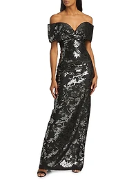 Sequin Tulle Off-The-Shoulder Gown