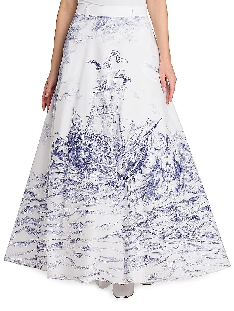 Printed Poplin A-Line Maxi-Skirt