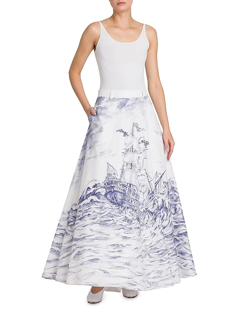 Printed Poplin A-Line Maxi-Skirt