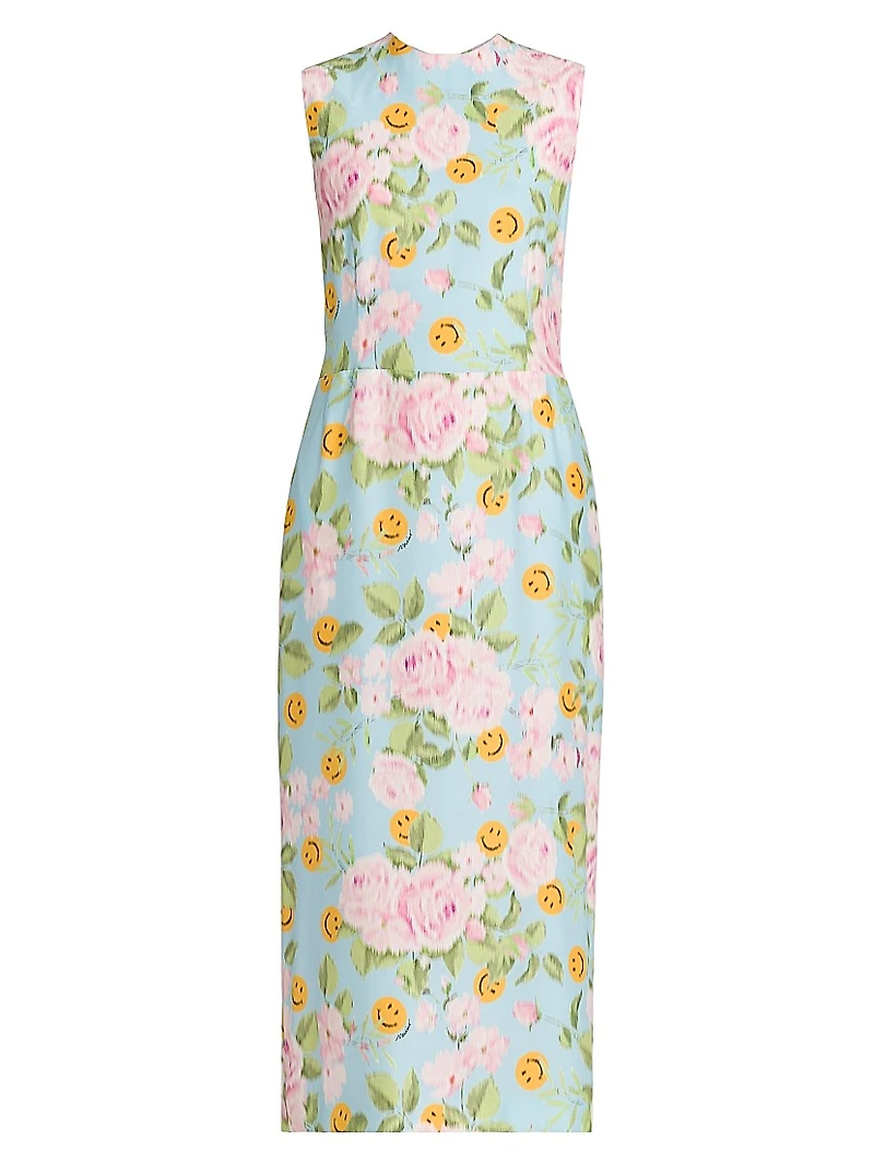 Smiley And Flower Print Silk Midi-Dress