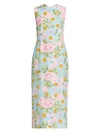 Smiley And Flower Print Silk Midi-Dress