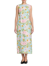 Smiley And Flower Print Silk Midi-Dress