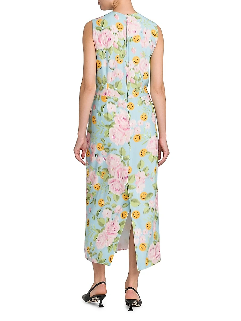 Smiley And Flower Print Silk Midi-Dress
