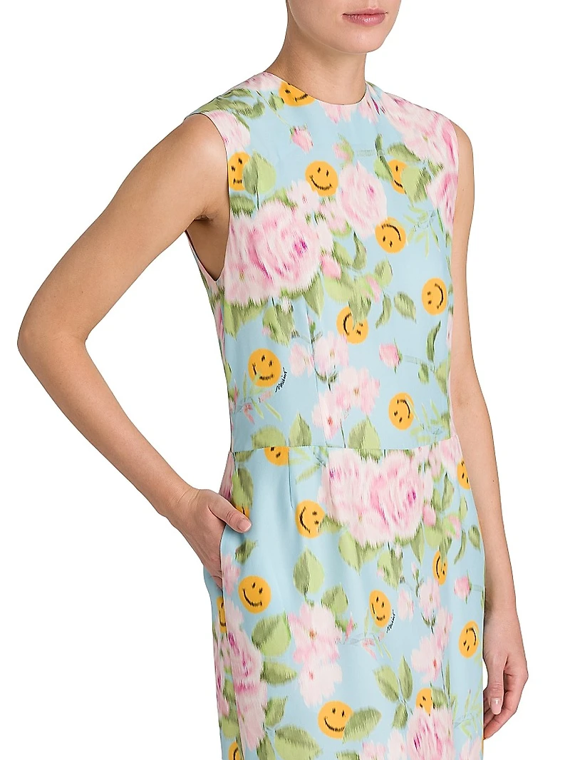 Smiley And Flower Print Silk Midi-Dress