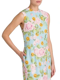 Smiley And Flower Print Silk Midi-Dress